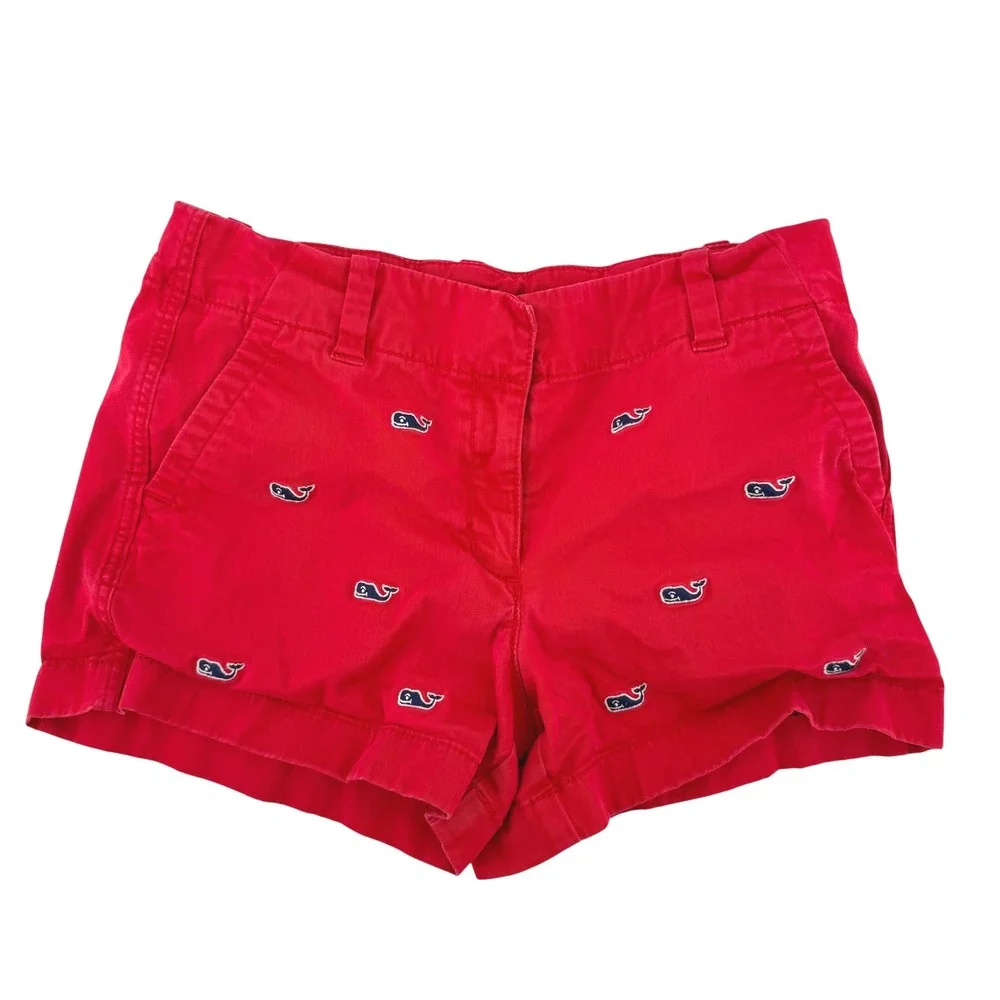 Vineyard Vines Girls Red Blue Whale Embroidered Shorts Size 8 Nautical Preppy